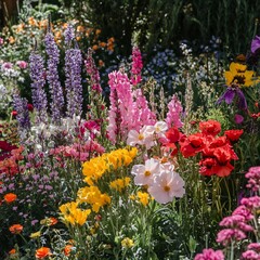 Vibrant multicolored flowers blooming in a lush garden.