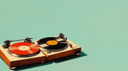 Vintage Turntable with Colorful Vinyl Records on a Minimalist Background for Stylish Music Enthusiasts