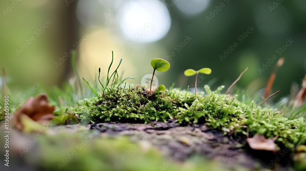Poster closeup of lush green moss and tiny leafy plants growing on a moist log in a dense forest : generati