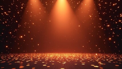orange confetti rain on festive stage with light beam in the middle of layout with place for ceremony.