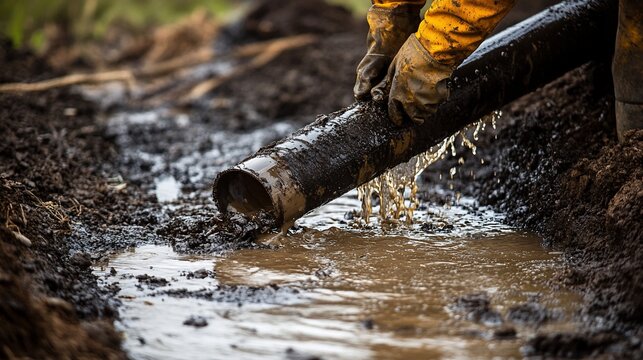 Worker in yellow gloves handling a soiled pipe, leaking dark liquid into muddy water.
