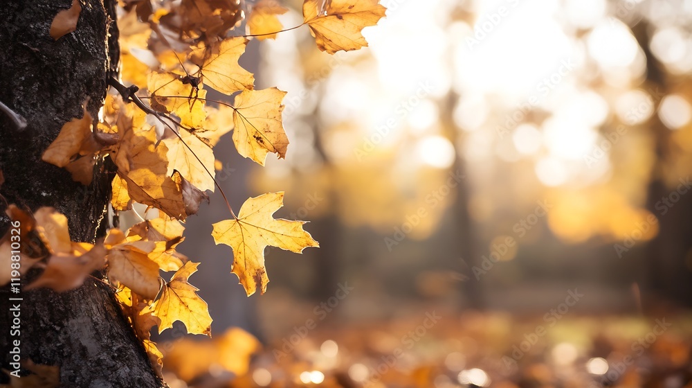 Poster sunlit autumn leaves with brilliant fall colors against forest background : generative ai
