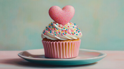 A cupcake with a pink heart on top, decorated with glittery icing and colorful sprinkles, sitting on a pastel plate.