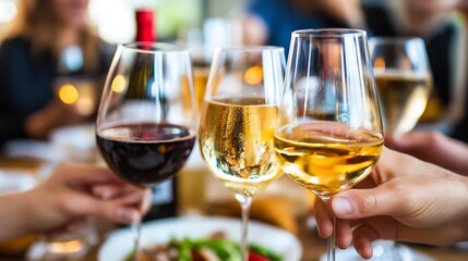 Obraz premium Celebratory wine glasses toast with red and white wine in social setting : Generative AI