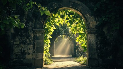 Obraz premium Foliage-covered stone archway with sunlight filtering through green leaves