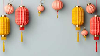 Chinese Red and Yellow Lanterns Hanging Gracefully on a Soft Blue Background for Chinese New Year Festive Celebrations and Decorative Themes