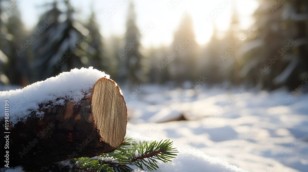 Aufkleber Snowy Log in Winter Forest with Sunlight Filtering Through Pine Trees : Generative AI
