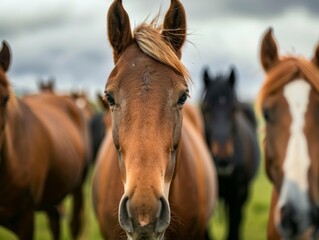 Naklejka premium Close-up of a horse's muzzle surrounded by other horses in a field