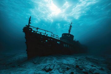 Fototapeta premium Underwater view of an old sunken ship on seabed with fish swimming around, abstract vivid composition consists of fictional unreal fantastic vision on background