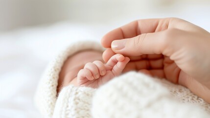 Tender Connection Between Newborn Baby and Parent with Gentle Touch Signifying Love, Care, and Bonding in a Soft, Cozy Environment