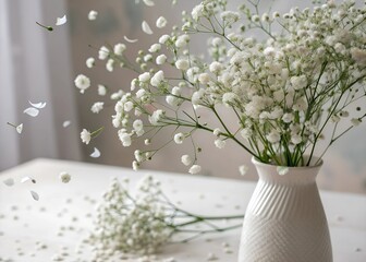 Fototapeta premium White Baby Breath Flowers in a Vase with Falling Petals