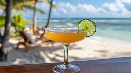 A Daiquiri cocktail made with fresh lime juice, rum, and sugar rim, served in a glass with a lime wedge garnish, placed on a beachside bar counter.