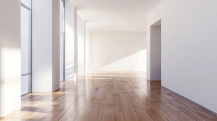 A spacious and bright modern interior highlighting light wooden flooring and large windows. Ideal for showcasing minimalistic design and open space concepts.