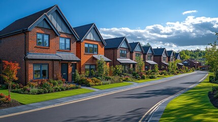 Modern residential neighborhood showcasing brick houses with vibrant gardens under a clear blue sky