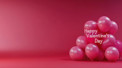 3d text Happy Valentine's Day on red background with pink ballons