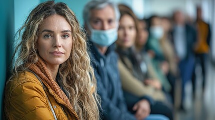 Fototapeta premium A diverse group of people waiting in a medical facility's hallway, showing varied emotions on their faces.