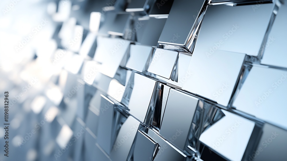 Aufkleber Futuristic Geometric Abstract Texture of Reflective Chrome and Glass Surfaces in 3D Perspective View : Generative AI