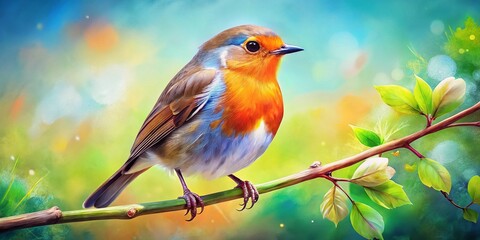 Watercolor Robin on Branch: High-Resolution 8K Aerial Photography Stock Image