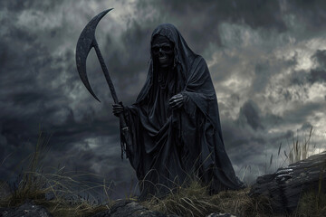 Fototapeta premium Scary grim reaper with sharp scythe in hell with dark dramatic color, abstract vivid composition consists of fictional unreal fantastic vision on background