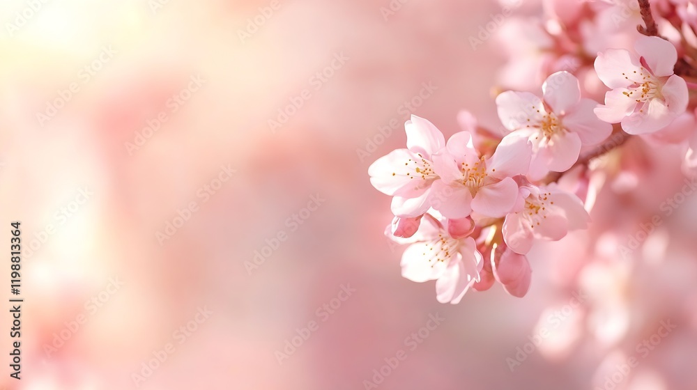 Poster close up soft pink cherry blossoms with sunlit background in spring : generative ai
