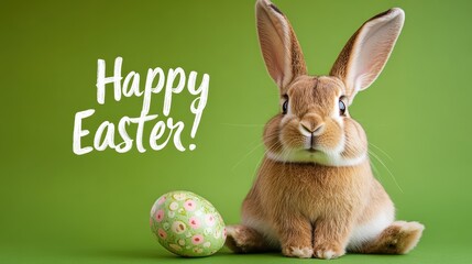A cute bunny sits beside a decorated Easter egg, embodying the joyful spirit of the holiday in vibrant colors.