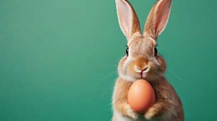 A charming rabbit clutching an orange egg, set against a vibrant green backdrop, perfect for Easter celebrations.