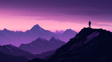 Silhouette of a Person Standing on a Mountain Peak at Dusk