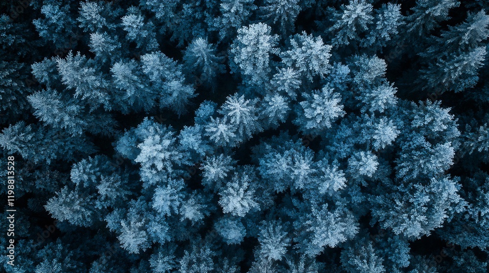 Poster Aerial View of Frost-Covered Pine Trees in Winter Forest Creating a Textural Pattern : Generative AI