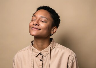 Fototapeta premium A person showing relief, eyes closed, mouth slightly smiling, standing against a neutral beige background
