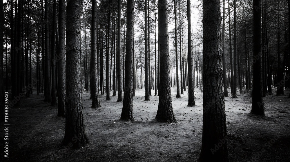 Poster monochrome image of dense forest with tall trees showcasing moody atmospheric winter woodland scene 