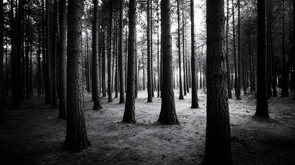 Naklejka premium Monochrome image of dense forest with tall trees showcasing moody atmospheric winter woodland scene : Generative AI