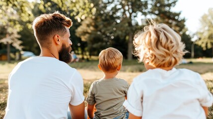 Naklejka premium Father's day and Heartwarming Scene of a Father and Two Young Children Enjoying Quality Time Together Outdoors in a Sunlit Park Surrounded by Nature's Beauty