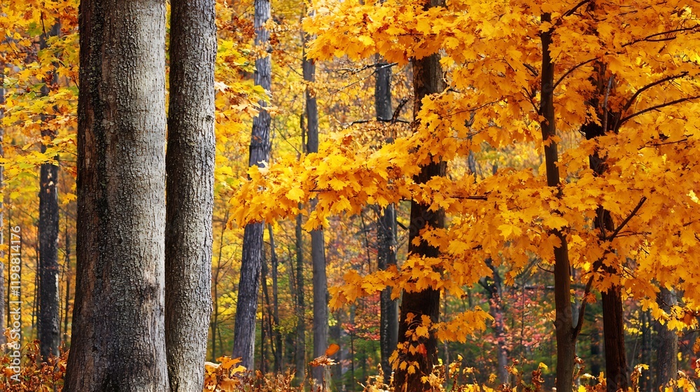 Poster vibrant yellow autumn leaves in a tranquil forest setting : generative ai