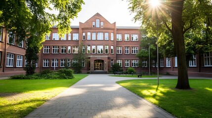 Historic School Building with Sunlit Facade and Lush Greenery Capturing Educational Heritage and Inspiration : Generative AI