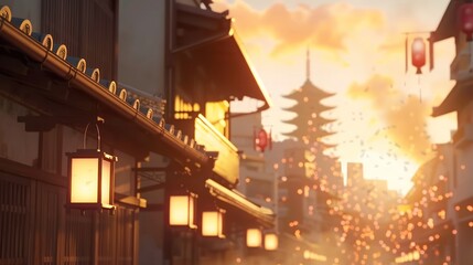 Serene Sunset Over Traditional Japanese Street with Lanterns and Pagoda, Featuring Warm Glows and Soft Light to Create a Peaceful Atmosphere
