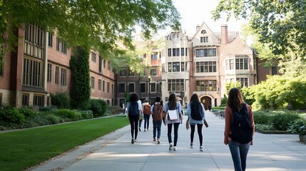 Students walking towards a historic university building surrounded by lush greenery a calm academic setting : Generative AI