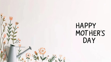 Happy Mother's Day Floral Background with Watering Can and Stylized Flower Arrangement for Celebrating and Honoring Mothers on Their Special Day