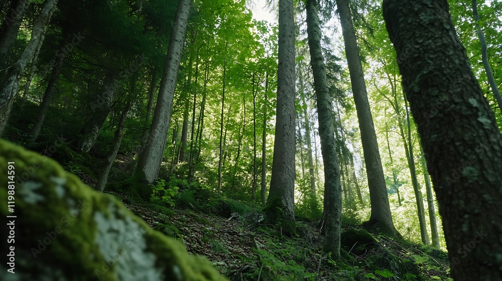 Poster lush green forest amidst tall trees and dense vegetation in a peaceful setting : generative ai