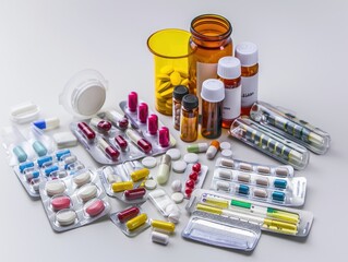 Collection of medical drugs and equipment on a white background