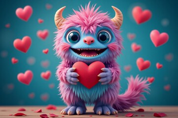 Adorable Fluffy Monster Holding Heart Valentine s Day Cute Cartoon Character 3D Render