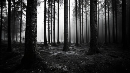 Naklejka premium Mysterious Monochrome Forest with Towering Trees in Foggy Setting : Generative AI