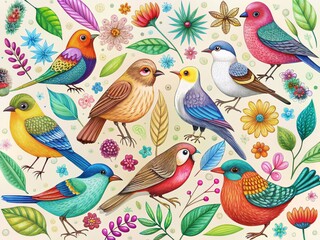 Fototapeta premium Whimsical Bird Doodles Arranged According to the Rule of Thirds - Cute Cartoon Bird Illustrations