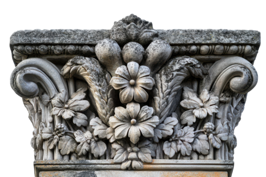 Intricate stonework featuring floral and foliage designs on a classical column