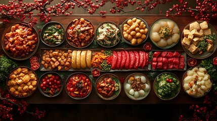 Fototapeta premium A Festive Chinese New Year Feast: Abundant Dishes in Warm Lighting