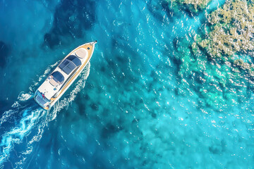 Fototapeta premium Luxury private big motor yacht in tropical sea with soft blue wave, abstract vivid composition consists of fictional unreal fantastic vision on background