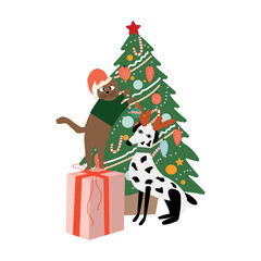 Funny cute cat and dog with christmas tree. Vector illustration.