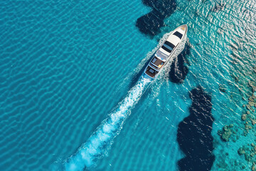Fototapeta premium Luxury private big motor yacht in tropical sea with soft blue wave, abstract vivid composition consists of fictional unreal fantastic vision on background