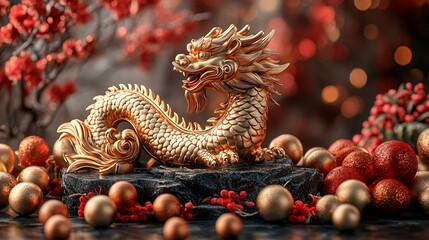 Obraz premium Golden Dragon Figurine Amidst Festive Red Ornaments: A Luxurious Festive Scene