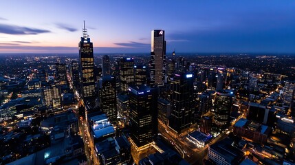 Obraz premium Panoramic View of City Skyline at Dusk with Skyscrapers and Twinkling Lights : Generative AI