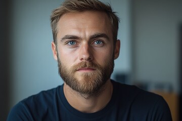 Obraz premium A close-up portrait of a man with a beard and blue eyes, conveying a serious expression.